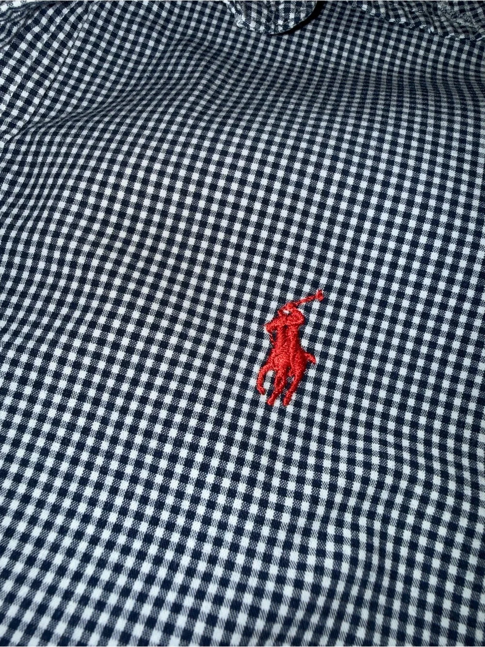 Ralph Lauren Navy and White Gingham Button-Down Shirt with Red Pony